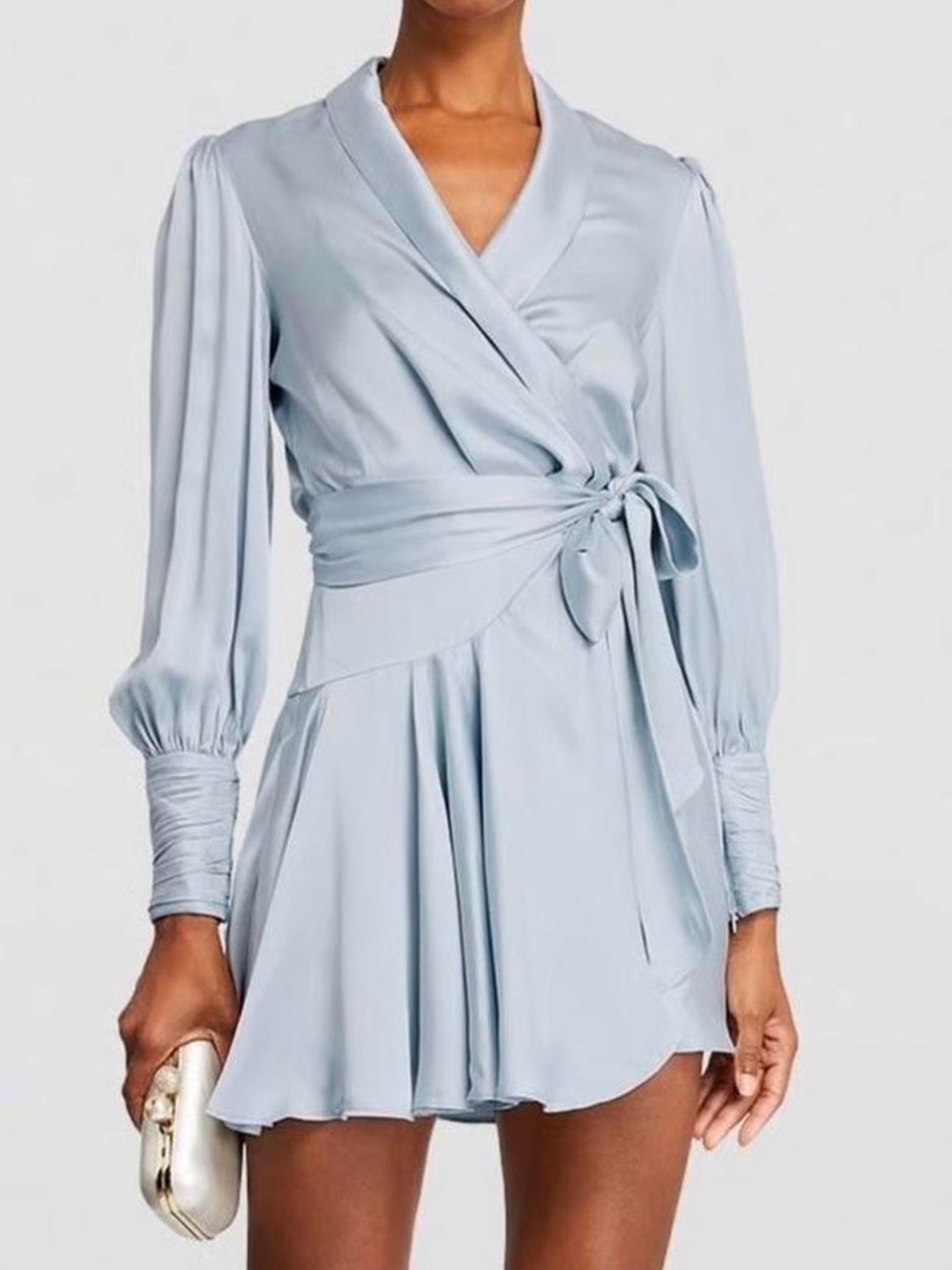 ZIMMERMAN SATIN LIGHT BLUE LONG SLEEVE WRAP DRESS